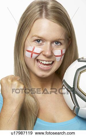 Stock Photo - Young Female Football Fan With St Georges Flag Painted On Face. Fotosearch