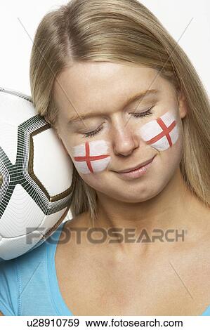 Young Female Football Fan With St Georges Flag Painted On Face View Large Photo Image Stock Photo - Young Female Football Fan With St Georges Flag Painted On Face. Fotosearch