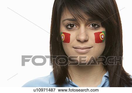 Stock Photo - Young Female Sports Fan With Portugese Flag Painted On Face. Fotosearch