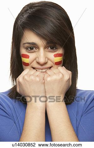 Young Female Sports Fan With Spanish Flag Painted On Face View Large Photo Image Stock Image - Young Female Sports Fan With Spanish Flag Painted On Face. Fotosearch