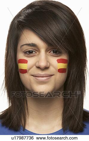 Young Female Sports Fan With Spanish Flag Painted On Face View Large Photo Image Stock Photograph - Young Female Sports Fan With Spanish Flag Painted On Face. Fotosearch