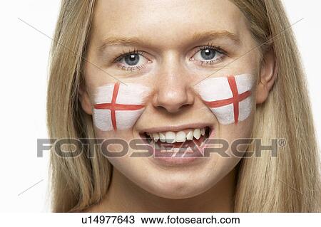 Stock Image - Young Female Sports Fan With St Georges Flag Painted On Face. Fotosearch
