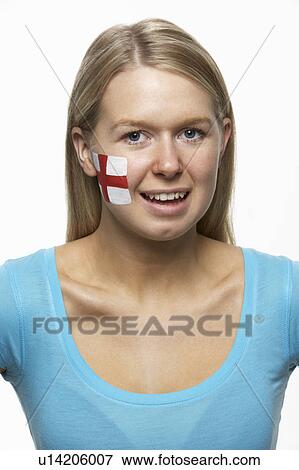 Stock Photo - Young Female Sports Fan With St Georges Flag Painted On Face. Fotosearch