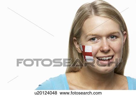 Stock Photo - Young Female Sports Fan With St Georges Flag Painted On Face. Fotosearch