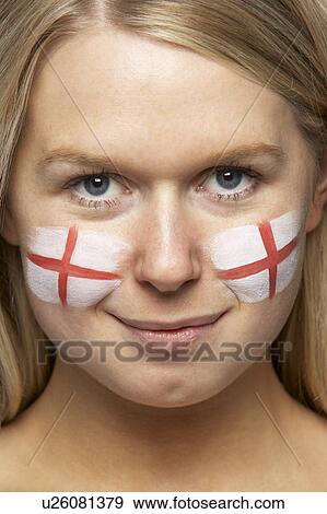 Stock Photo - Young Female Sports Fan With St Georges Flag Painted On Face. Fotosearch