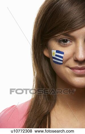 Stock Photo - Young Female Sports Fan With Uruguayan Flag Painted On Face. Fotosearch