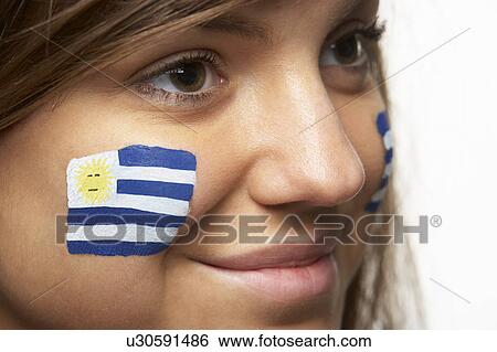 Young Female Sports Fan With Uruguayan Flag Painted On Face View Large Photo Image Stock Photograph - Young Female Sports Fan With Uruguayan Flag Painted On Face. Fotosearch