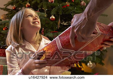 Young Girl Receiving Christmas Present In Front Of Tree View Large Photo Image Picture - Young Girl Receiving Christmas Present In Front Of Tree. Fotosearch