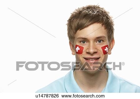 Young Male Sports Fan With Swiss Flag Painted On Face View Large Photo Image Stock Photograph - Young Male Sports Fan With Swiss Flag Painted On Face. Fotosearch