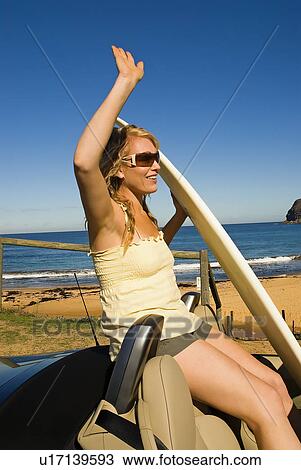 Beach girl in convertible car View Large Photo Image Stock Image - Beach girl in convertible car. Fotosearch