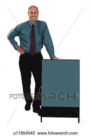 Stock Image - Businessman with a rectangle sign. Fotosearch