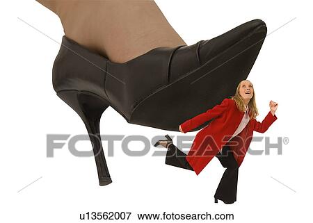 Stock Photo - Businesswoman squashed by a giant shoe. Fotosearch