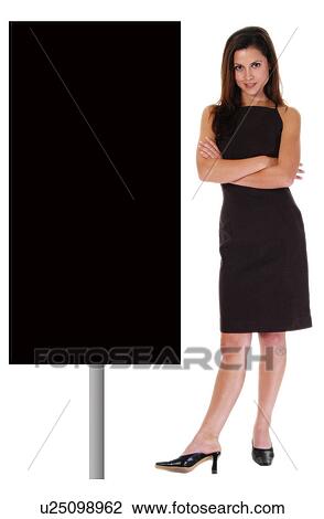 Stock Image - Businesswoman with a rectangle sign. Fotosearch