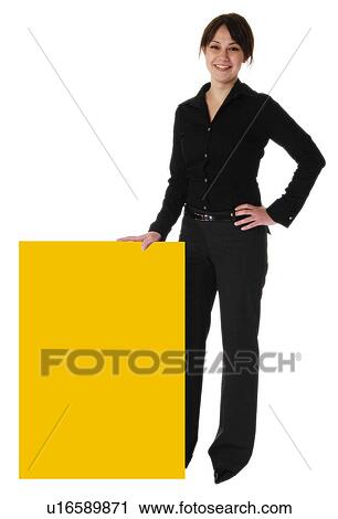 Stock Image - Businesswoman with a sign. Fotosearch
