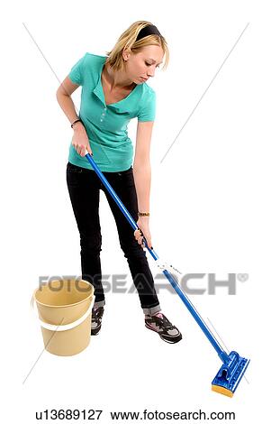 Stock Photo - Housewife mopping the floor. Fotosearch