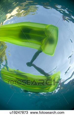 Stock Image - A couple on two green rafts holding hands shot from underwater. Fotosearch