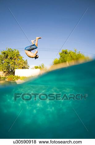 A male jumping into a pool View Large Photo Image Stock Photo - A male jumping into a pool. Fotosearch