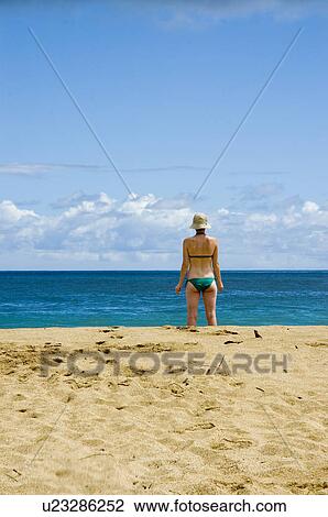 A mid twenties white female in a green bathing suit standing at the beach in Kauai Hawaii View Large Photo Image Stock Image - A mid twenties white female in a green bathing suit standing at the beach in Kauai Hawaii. Fotosearch
