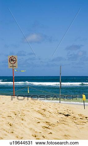 Beach with warning signs no swimming View Large Photo Image Stock Image - Beach with warning signs no swimming. Fotosearch
