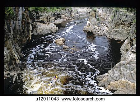 Stock Image - Aerial view of canoe on river. Fotosearch