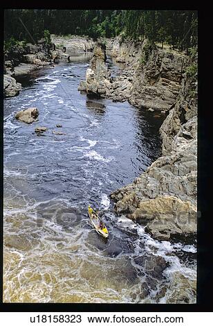 Stock Image - Aerial view of canoe on river. Fotosearch