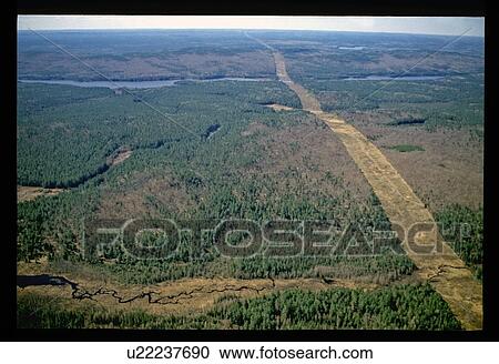 Stock Image - Aerial view of river through forest. Fotosearch