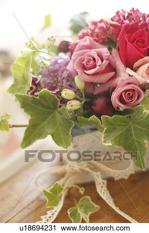 Stock Image - Bouquet with Pincushion Flowers and Roses. Fotosearch