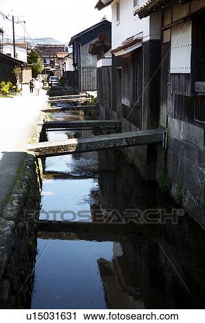 Stock Image - Canal, Kurayoshi City, Tottori Prefecture, Honshu, Japan. Fotosearch