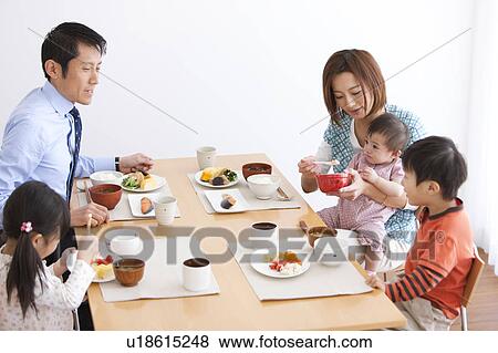 Family of Five Having Breakfast View Large Photo Image Stock Photo - Family of Five Having Breakfast. Fotosearch