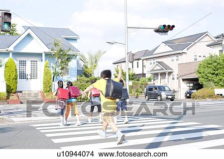 Kids crossing street, Rear View, Japan View Large Photo Image Picture - Kids crossing street, Rear View, Japan. Fotosearch