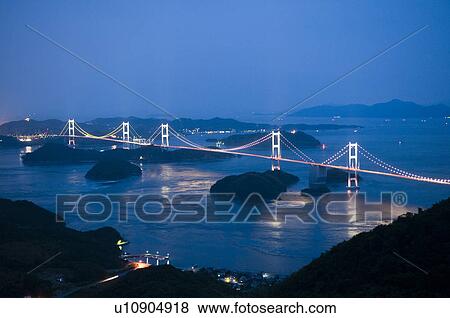 Kurushima-kaikyo Bridge at Night View Large Photo Image Stock Photo - Kurushima-kaikyo Bridge at Night. Fotosearch