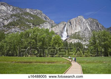 People Walking on Boardwalk Near Yosemite Waterfall View Large Photo Image Stock Photography - People Walking on Boardwalk Near Yosemite Waterfall. Fotosearch