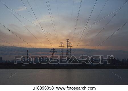 Powerline in Arakawa at Dusk View Large Photo Image Stock Photo - Powerline in Arakawa at Dusk. Fotosearch