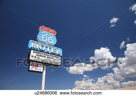 Stock Photograph - Road Sign for Motel and Route 66. Fotosearch