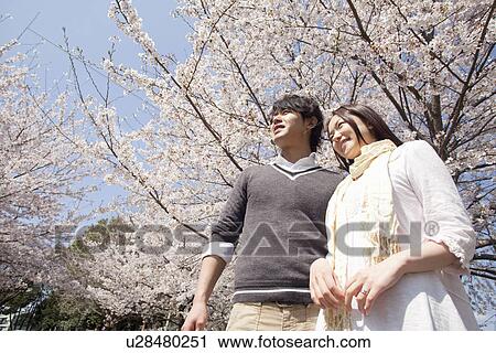Stock Image - Young Couple Against Cherry Blossom Tree. Fotosearch