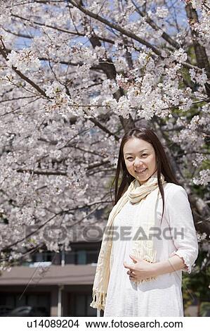 Picture - Young Woman Against Cherry Blossoms. Fotosearch