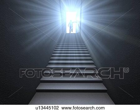 Stock Image - A person climbing the stairs and open door, digitally generated image. Fotosearch