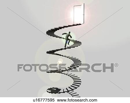Stock Photography - Business climbing up spiral stairs, digitally generated image. Fotosearch