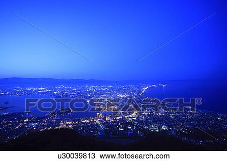Stock Image - Cityscape of Hakodate city at night, Hokkaido Prefecture, Japan. Fotosearch