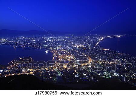 Stock Photograph - Cityscape of Hakodate city at night, Hokkaido Prefecture, Japan. Fotosearch