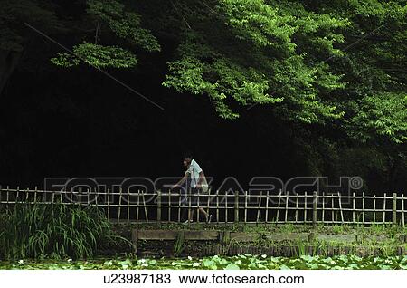 Stock Image - Couple walking at Sakura castle ruin park, Chiba Prefecture, Japan. Fotosearch