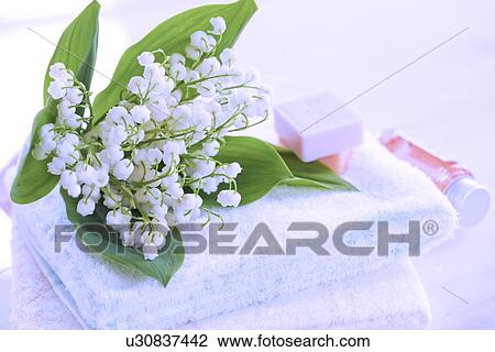 Stock Image - Lily-of-the-valleys on Towel. Fotosearch
