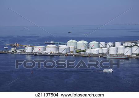 Picture - Oil tanks in Chiba harbor, Chiba City, Honshu, Japan. Fotosearch