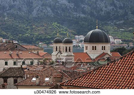 Stock Photograph - Orthodox Chruch Domes in Kotor. Fotosearch