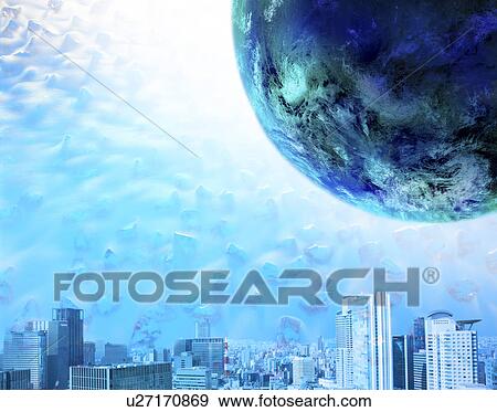 Planet earth and cityscape, Digital composite View Large Photo Image Stock Photo - Planet earth and cityscape, Digital composite. Fotosearch