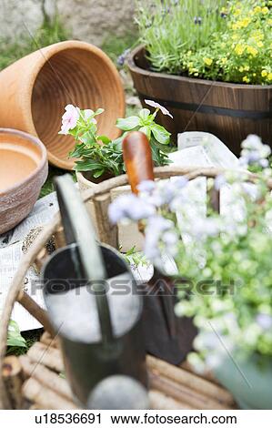 Stock Image - Potted flowers and gardening equipments. Fotosearch