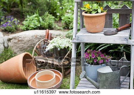 Potted flowers and gardening equipments View Large Photo Image Stock Photo - Potted flowers and gardening equipments. Fotosearch
