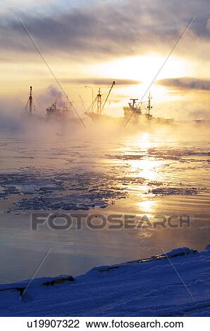 Stock Image - Shibetsu fishing port at dawn, Hokkaido Prefecture, Japan. Fotosearch