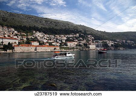 Speedboat Near Dubrovnic Coastline View Large Photo Image Stock Photo - Speedboat Near Dubrovnic Coastline. Fotosearch