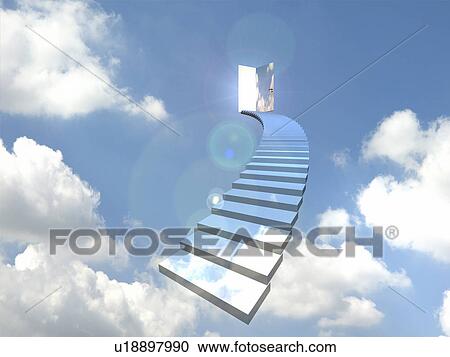 Stock Image - Staircase and open door, digitally generated image. Fotosearch